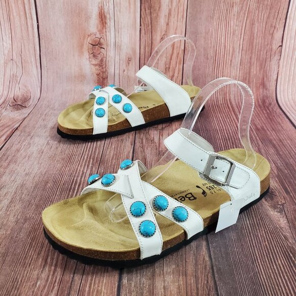*READ* Birkenstock Betula Womens Size 10 White Turquoise Stones Sandals Rare - Picture 1 of 15